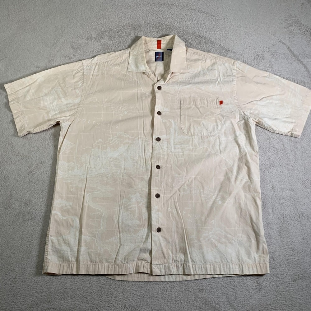 VTG Jantzen Shirt Mens Large Beige Map Print Hawaiian Aloha Short Sleeve Button